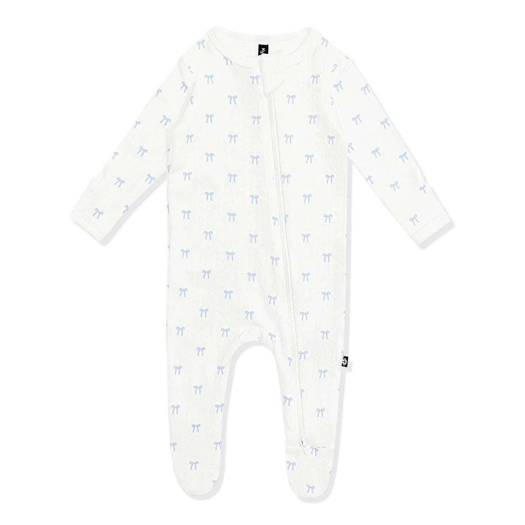 Pointelle Zippered Footie in Sweet Blue Bow