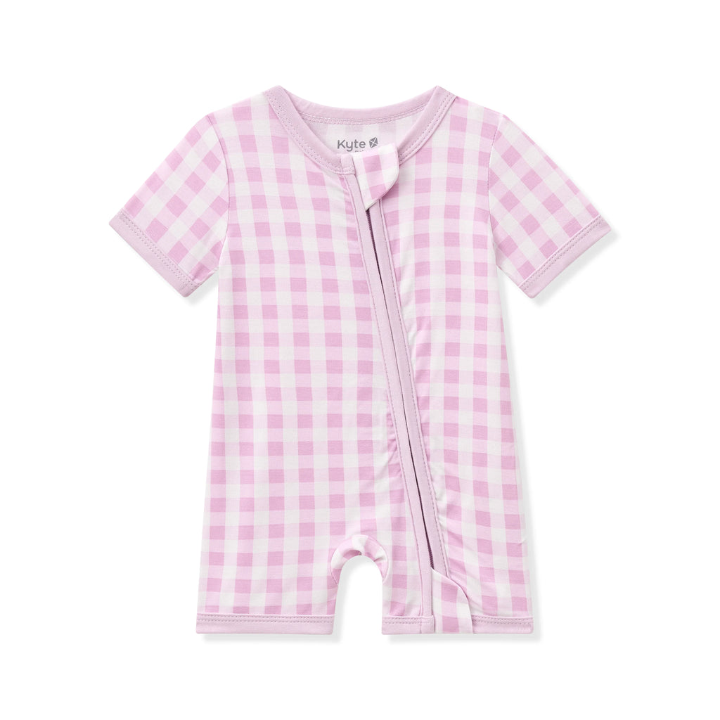 Zipper Shortall Romper in Gingham Thistle