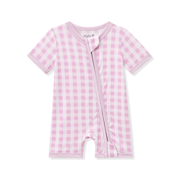 Zipper Shortall Romper in Gingham Thistle