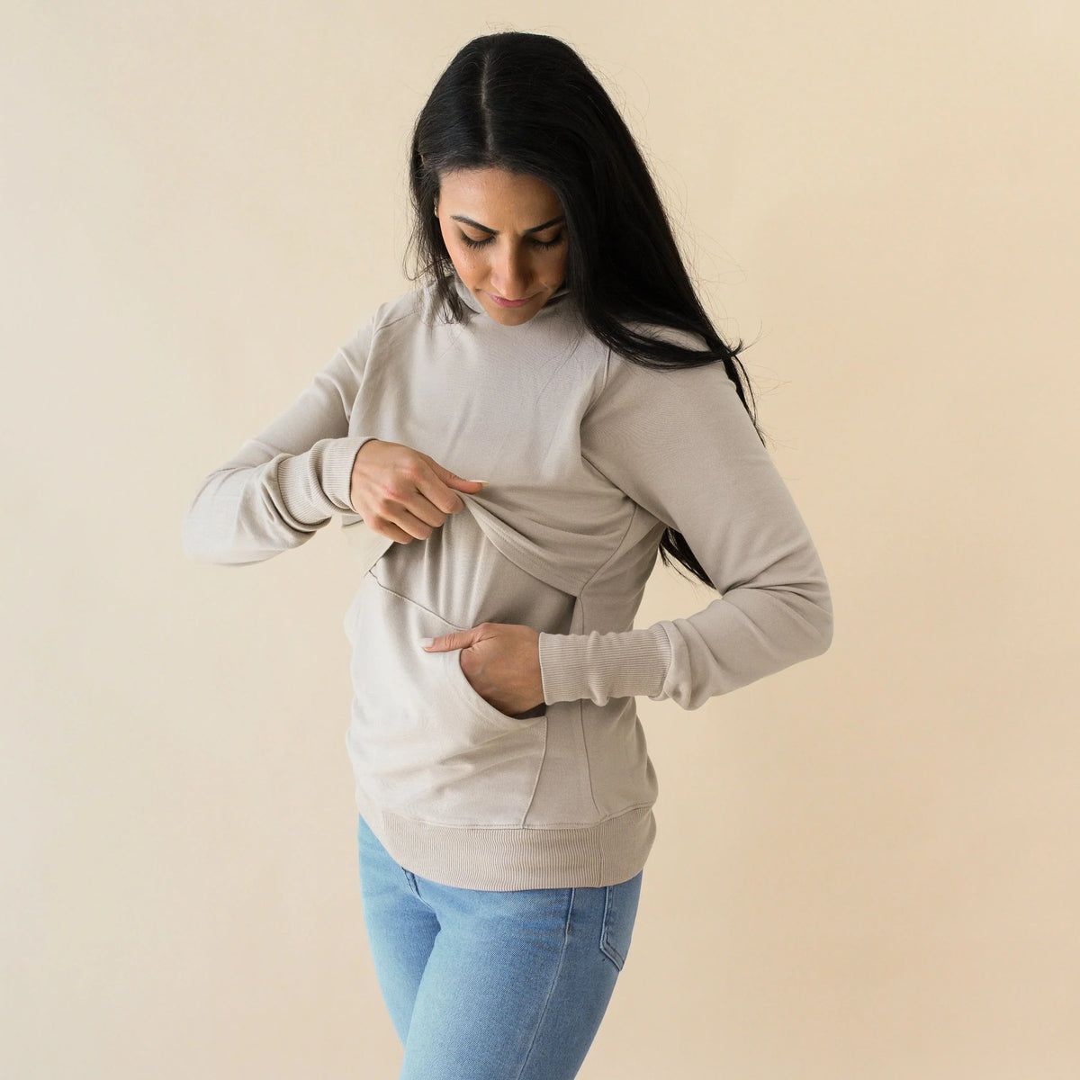 Women's French Terry Nursing Hoodie in Almond Main image