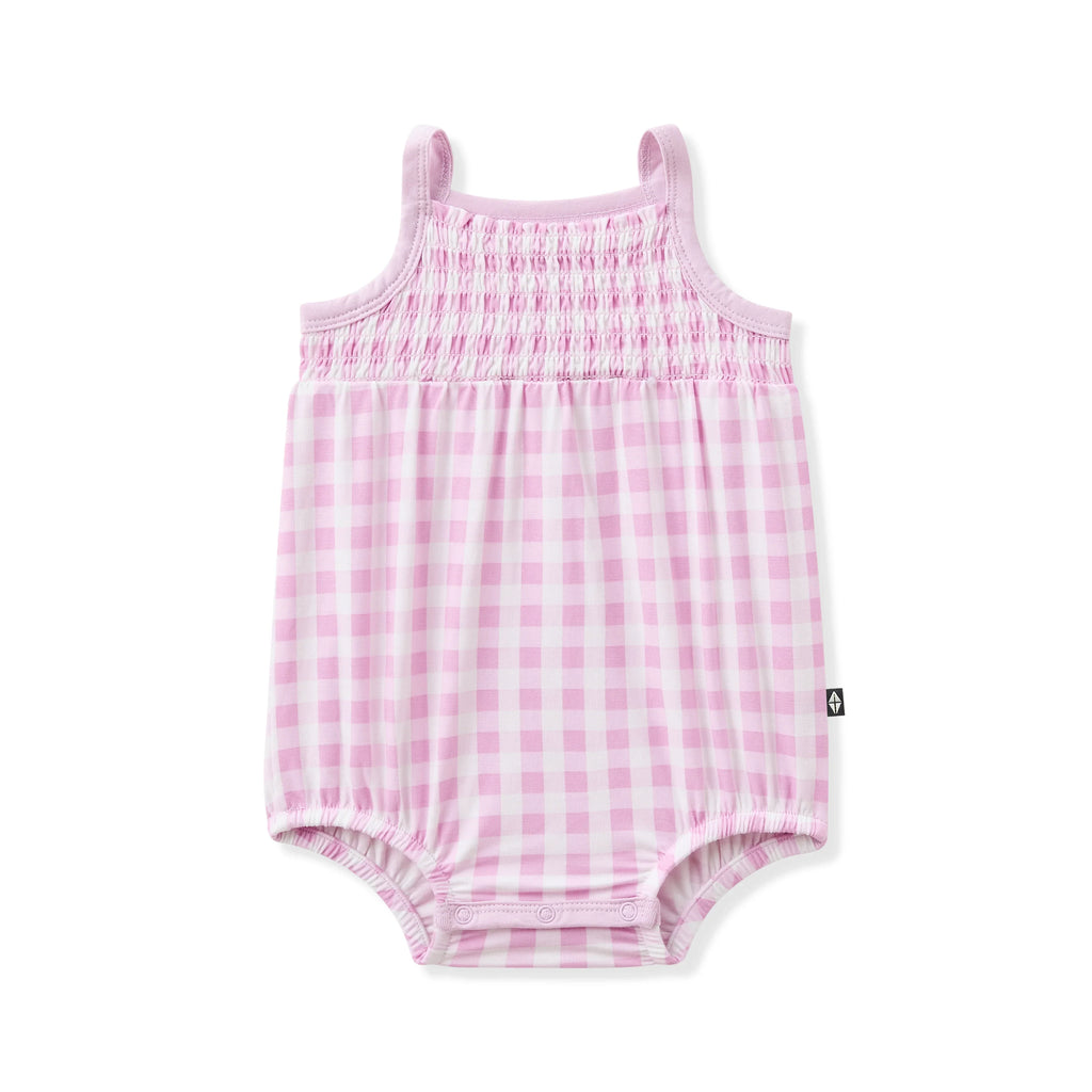 Smocked Bubble Romper in Gingham Thistle
