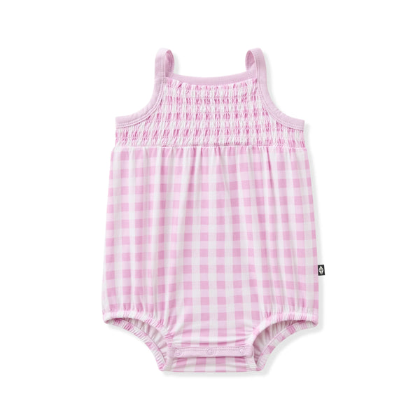 Smocked Bubble Romper in Gingham Thistle