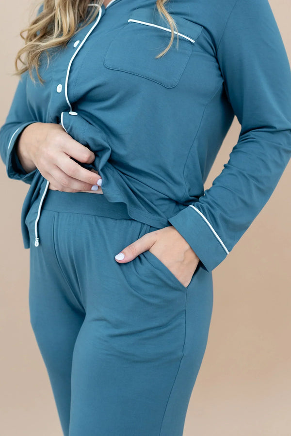 Long-Sleeved Women's Pajama Set in Atlantic with Cloud Trim