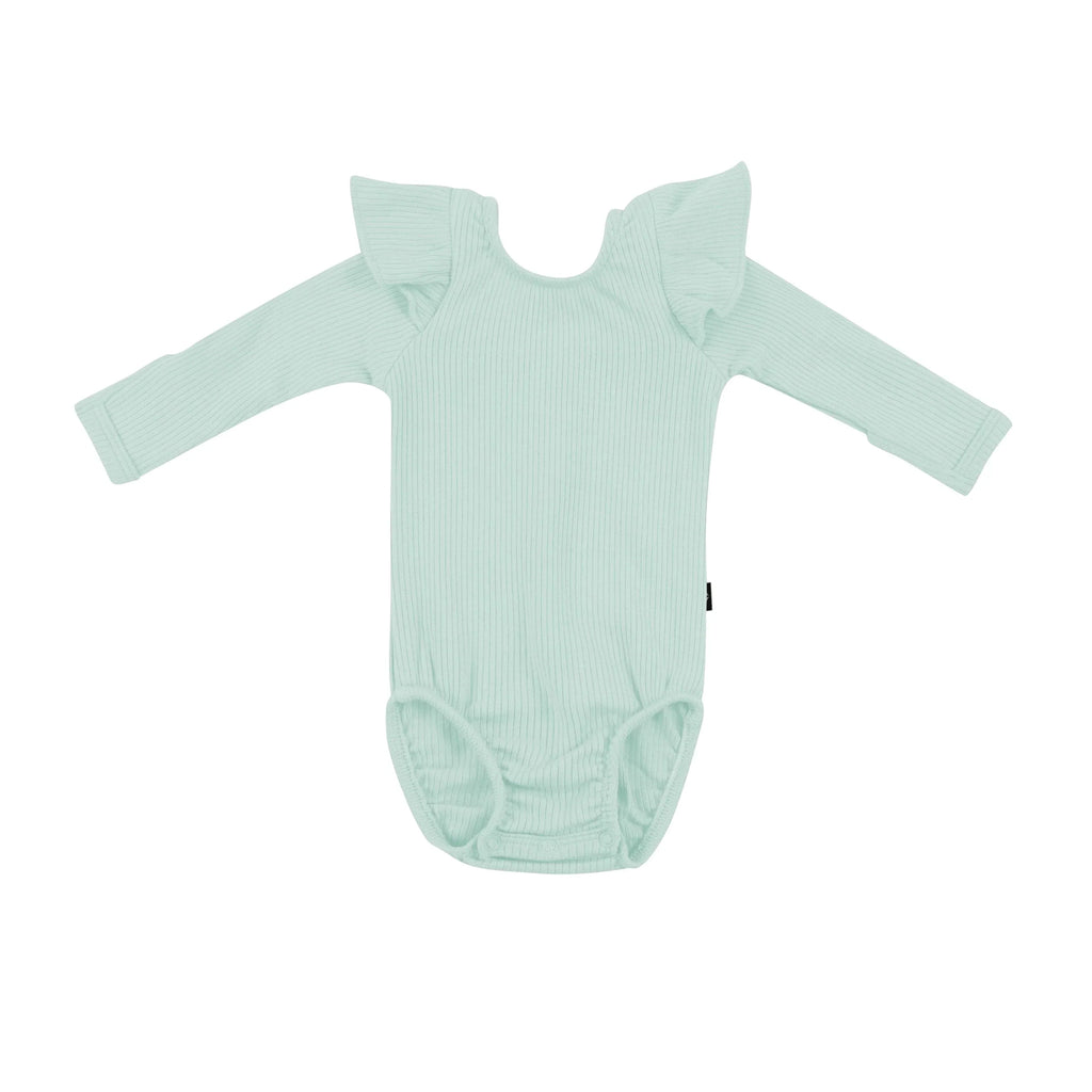 Ribbed Long Sleeve Ruffle Leotard in Sage
