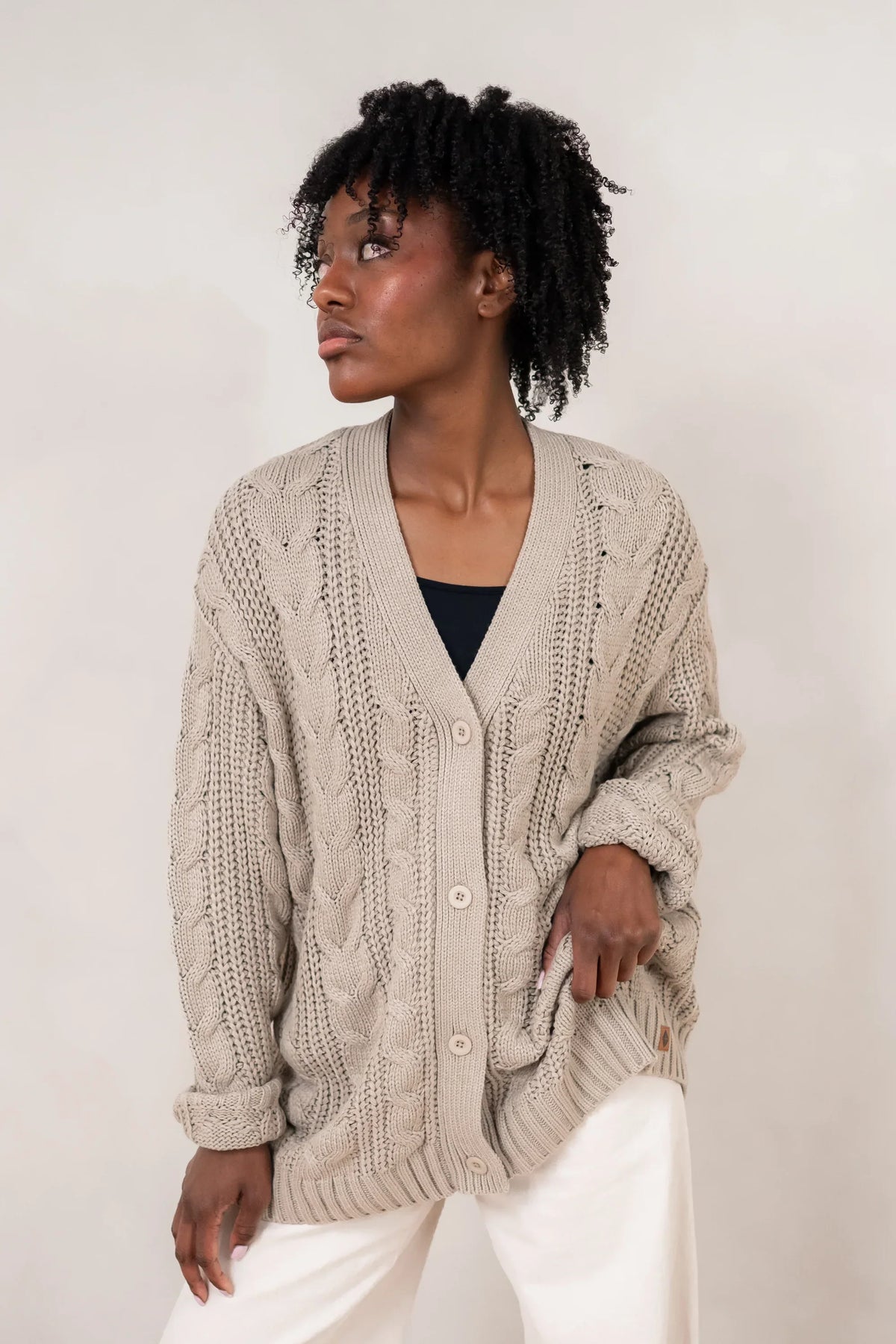Cable Knit Adult Cardigan in Almond Main image