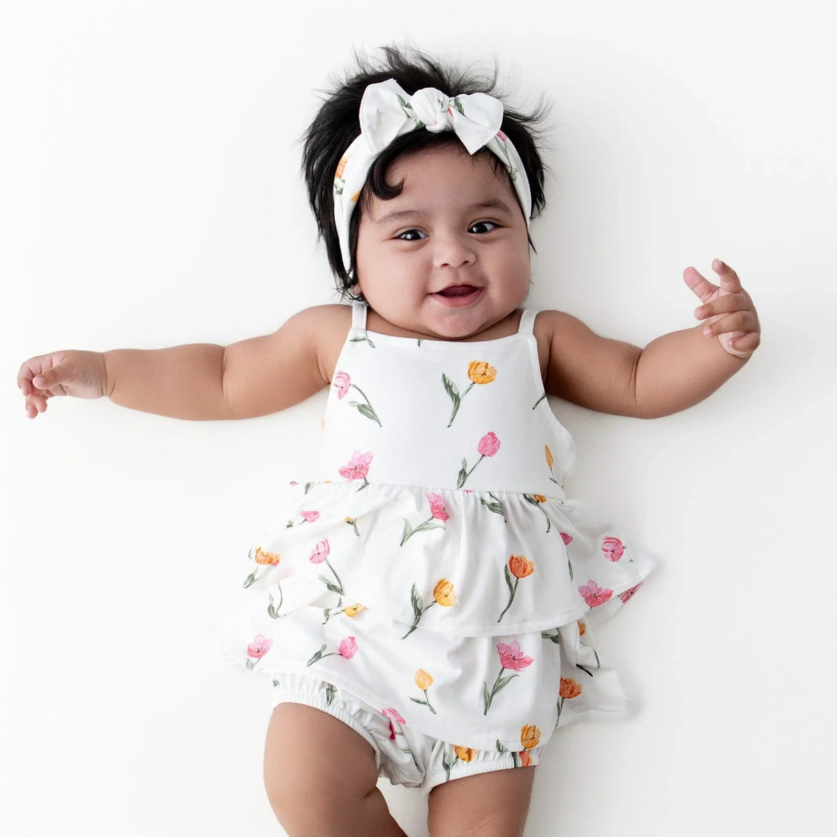 Spaghetti Strap Ruffle Romper in Tulip Main image