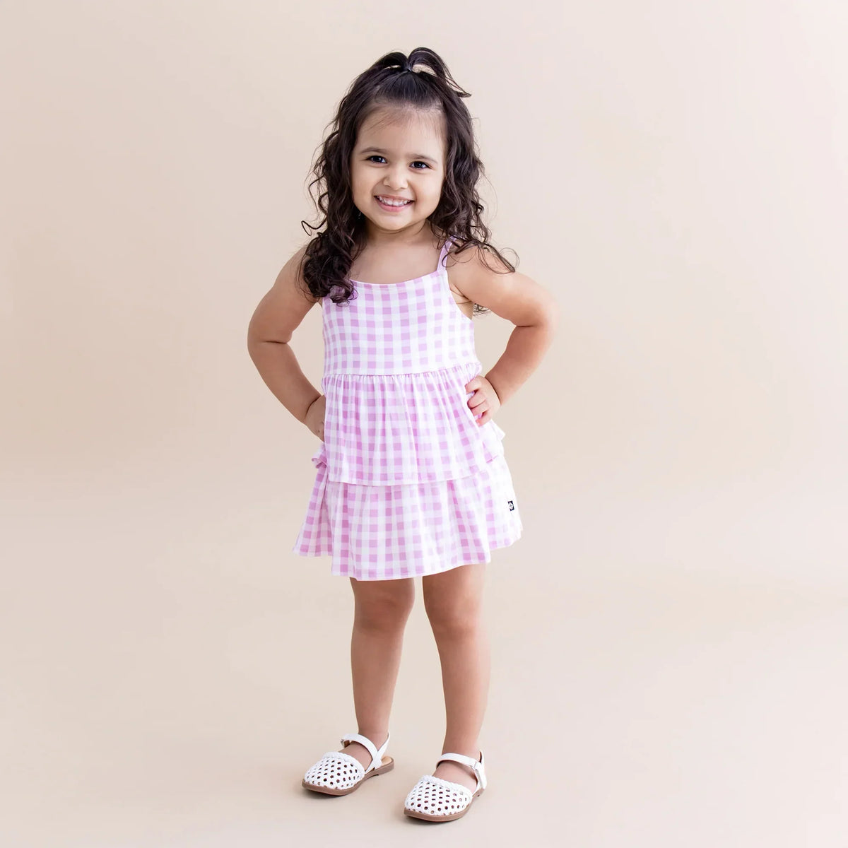 Spaghetti Strap Ruffle Romper in Gingham Thistle Main image