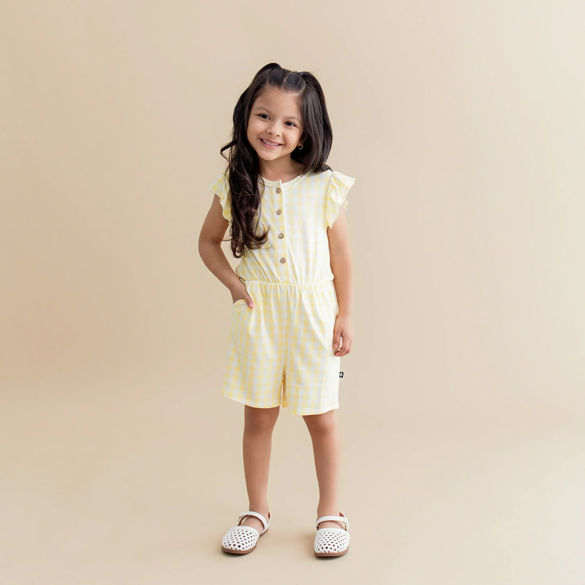 Flutter Sleeve Romper in Gingham Chamomile Main image