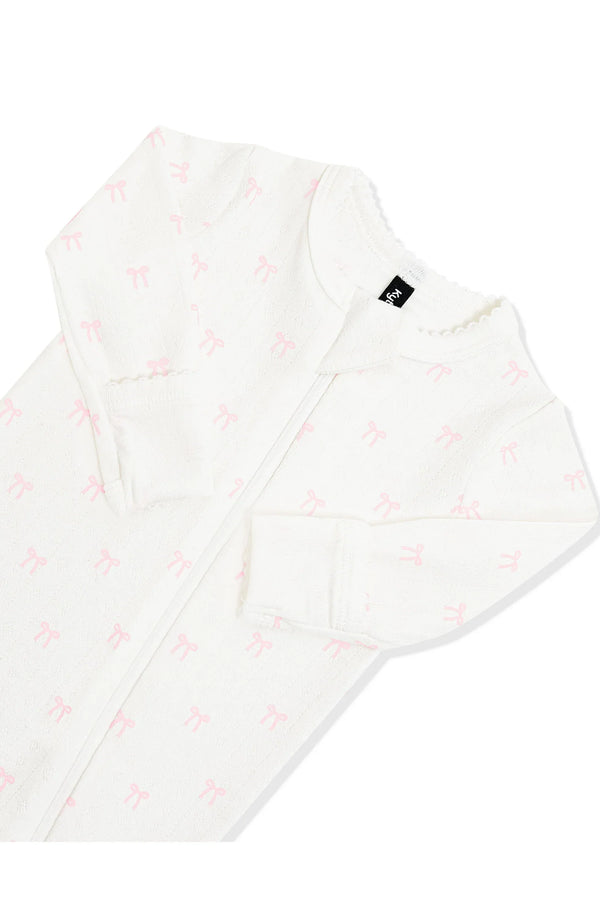Pointelle Zippered Footie in Sweet Pink Bow