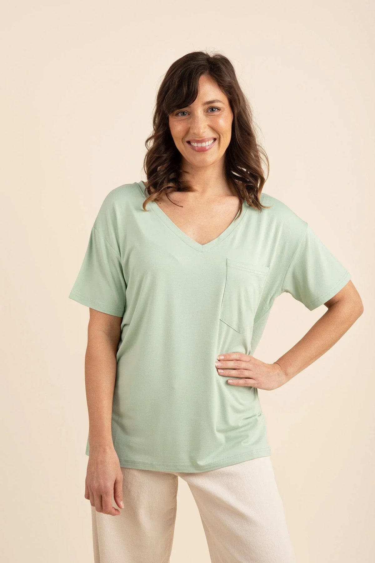 Women's Relaxed Fit V-Neck in Basil Main image