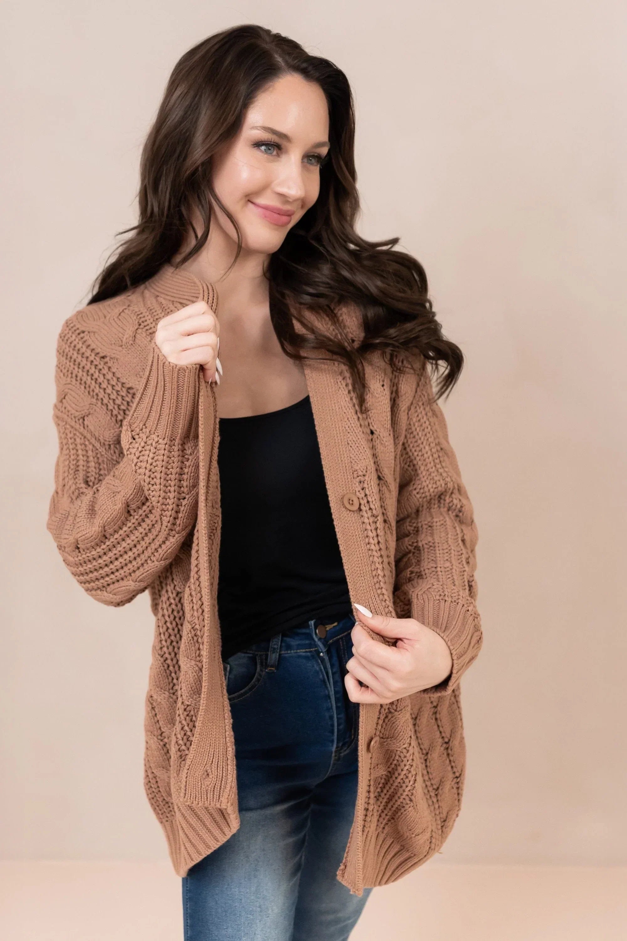 Cable Knit Adult Cardigan in Latte Secondary image