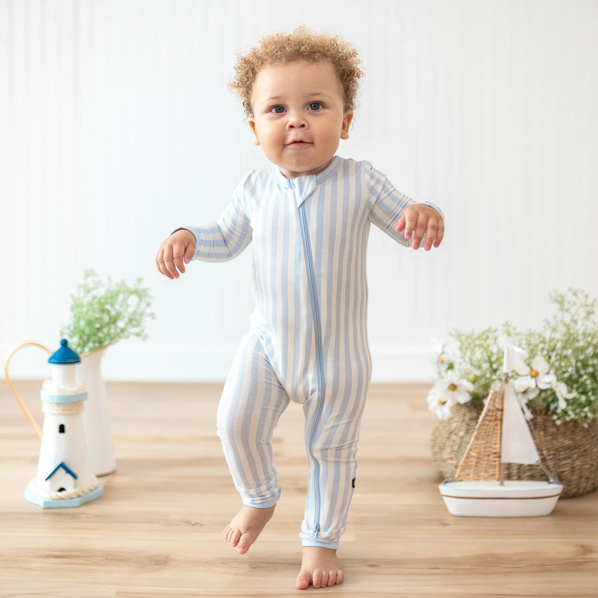 Zippered Romper in Small Mist Stripe Main image