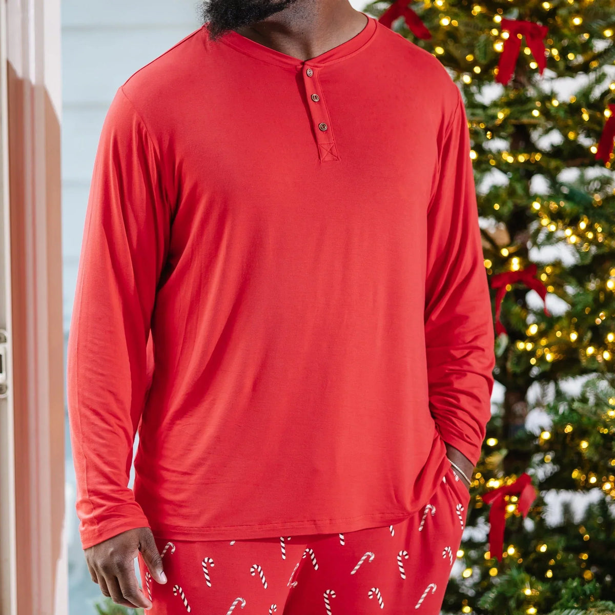 Men's Long Sleeve Henley Top in Cardinal Main image