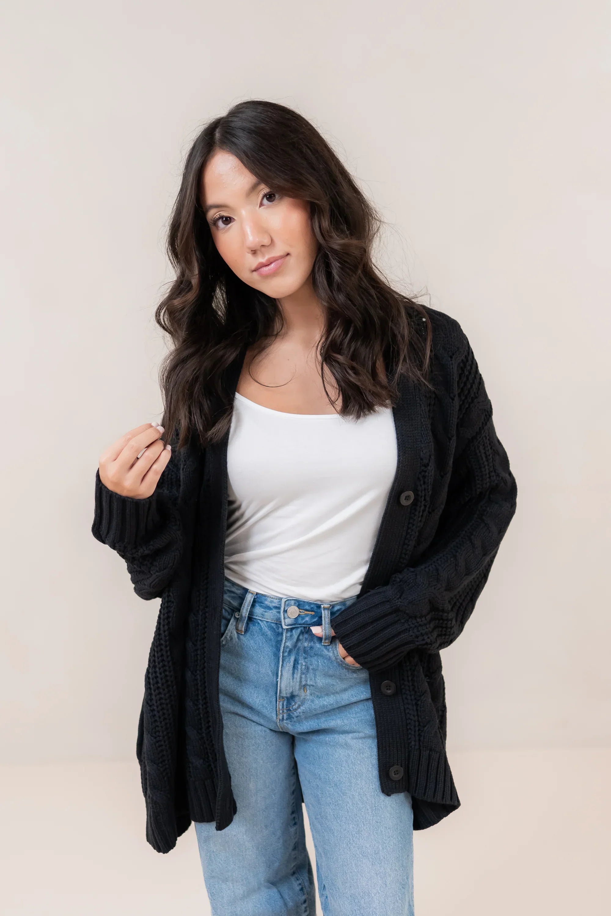 Cable Knit Adult Cardigan in Midnight Secondary image