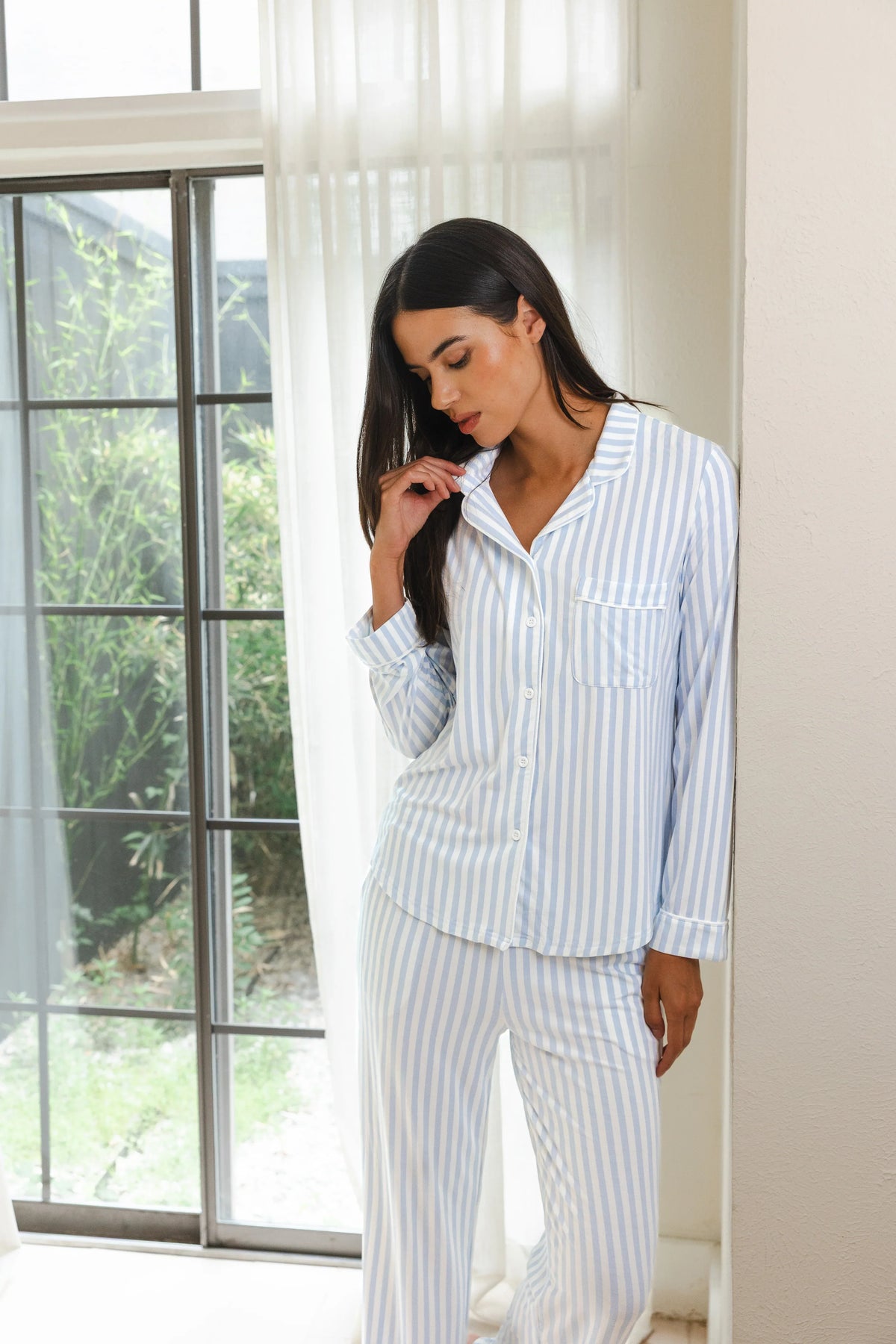 Long-Sleeved Women's Pajama Set in Small Mist Stripe with Cloud Trim Main image