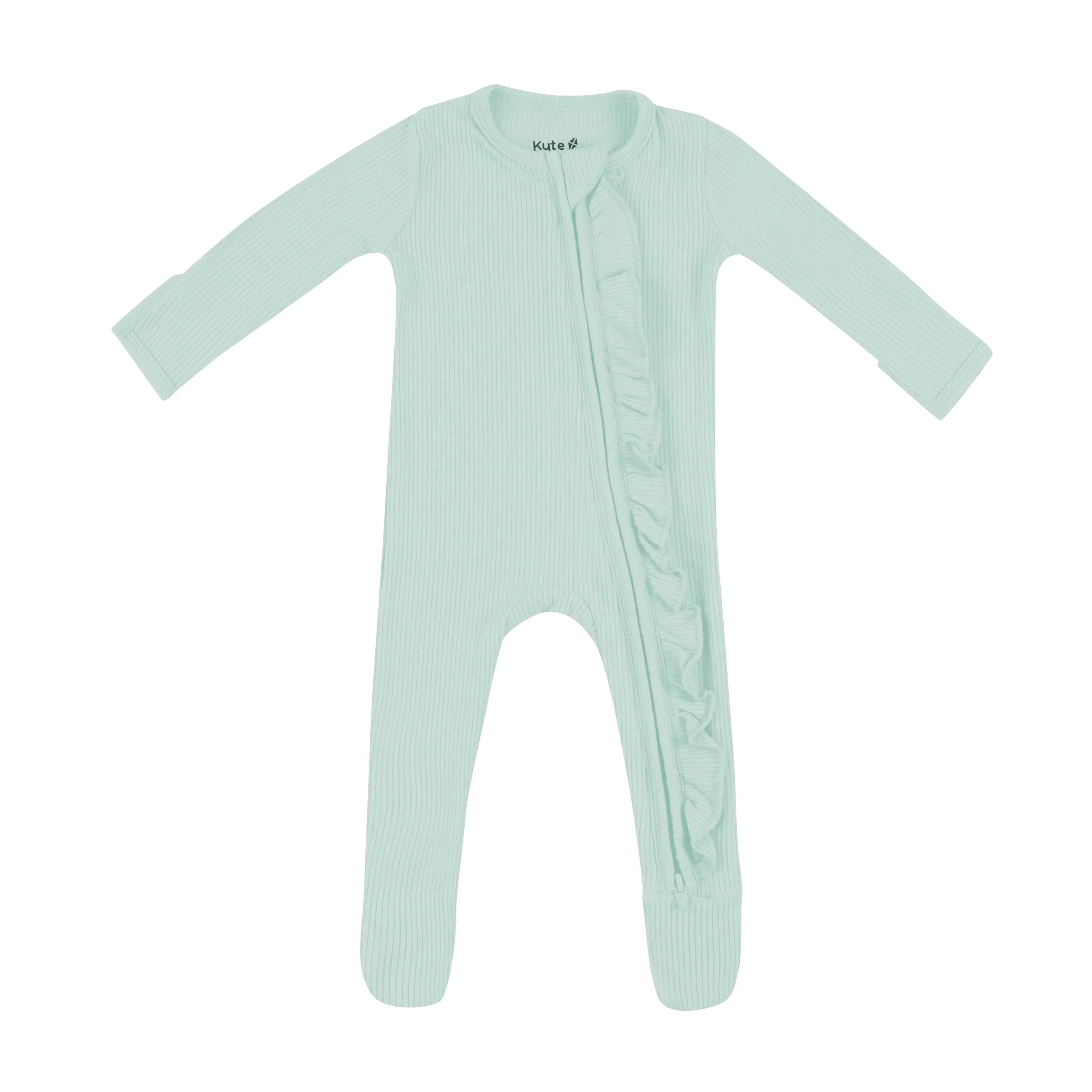 Ribbed Ruffle Zipper Footie in Sage Secondary image