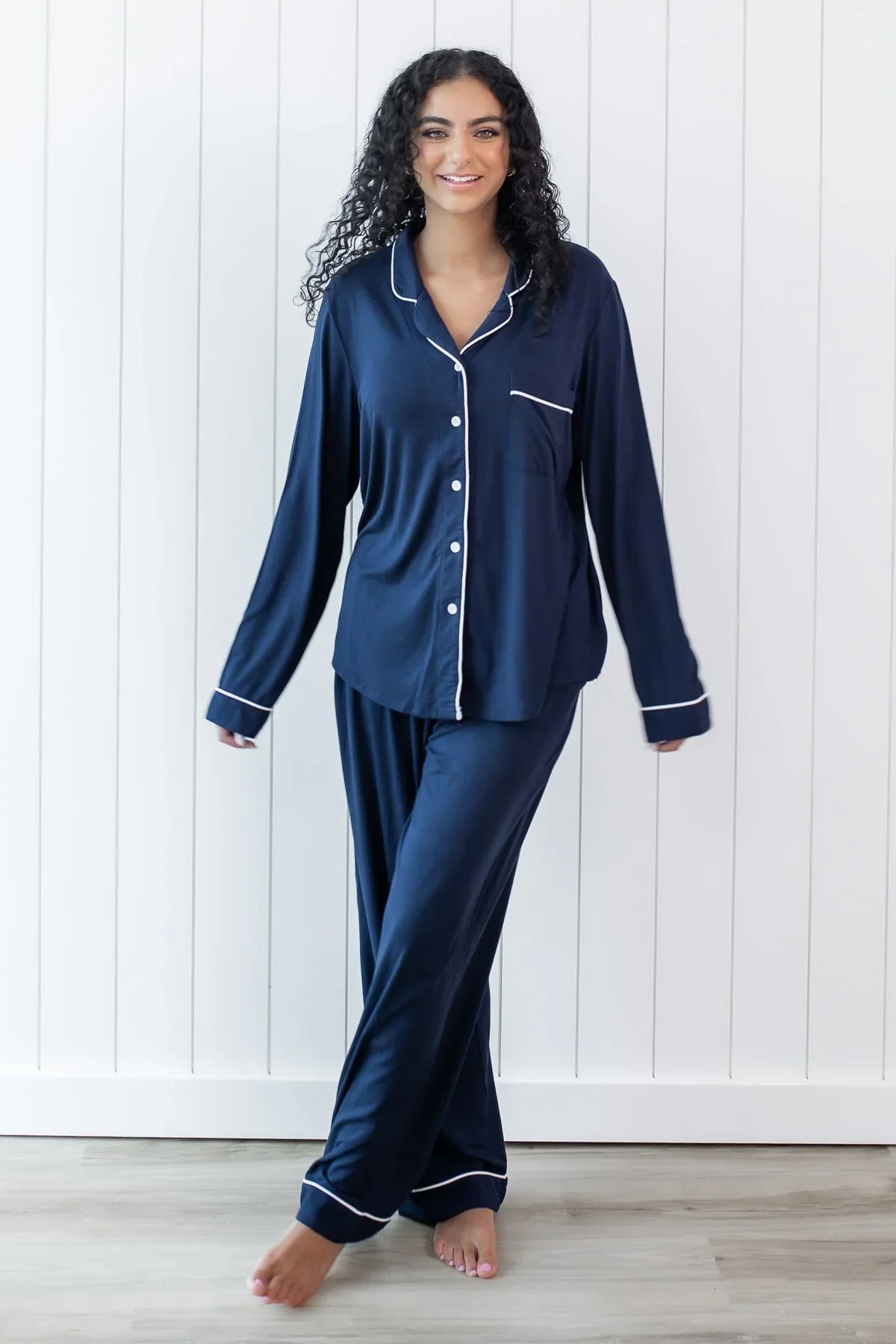 Long-Sleeved Women's Pajama Set in Navy with Cloud Trim Main image