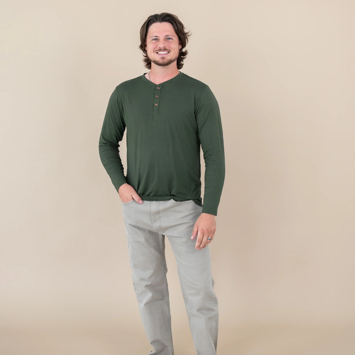 Men's Long Sleeve Henley Top in Fir Main image