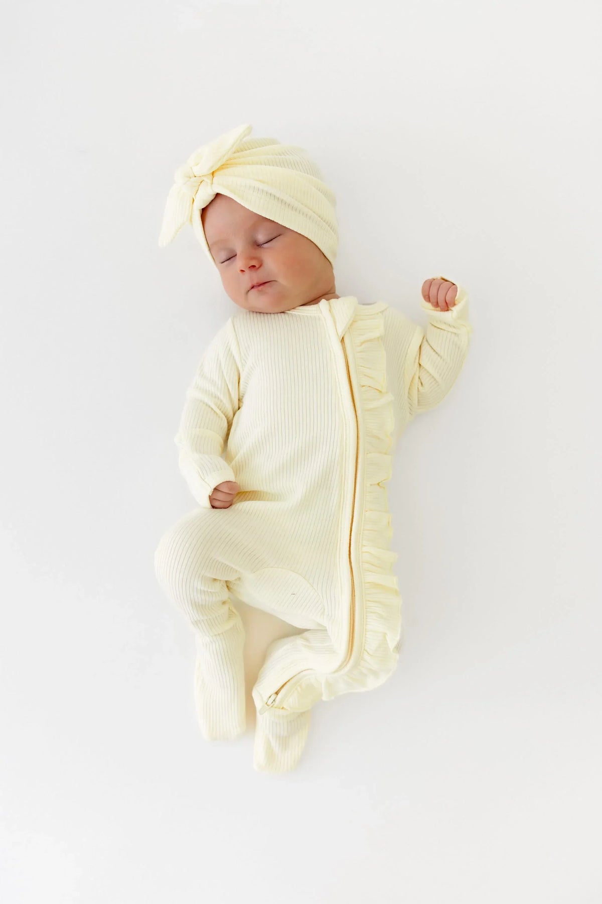 Ribbed Ruffle Zipper Footie in Chamomile Main image