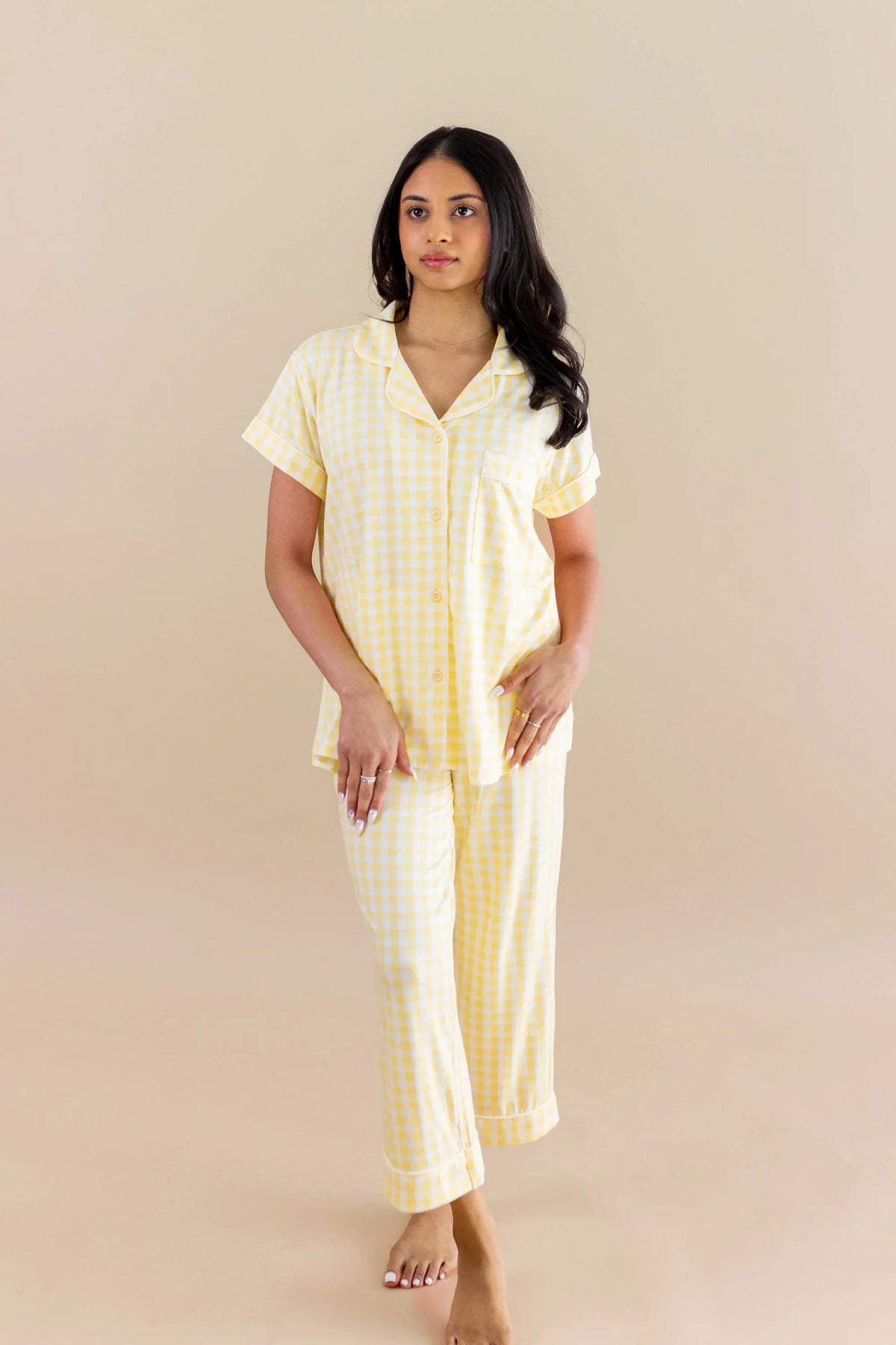 Women's Short Sleeve Cropped Pajama Set in Gingham Chamomile Main image