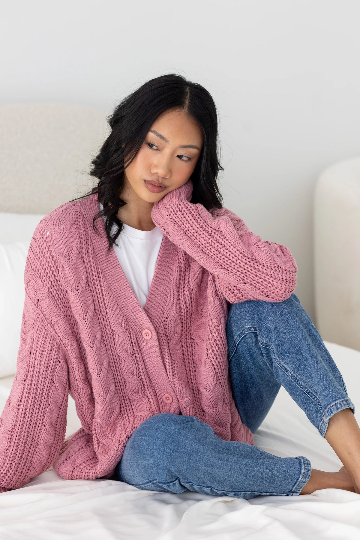 Cable Knit Adult Cardigan in Apple Blossom Main image