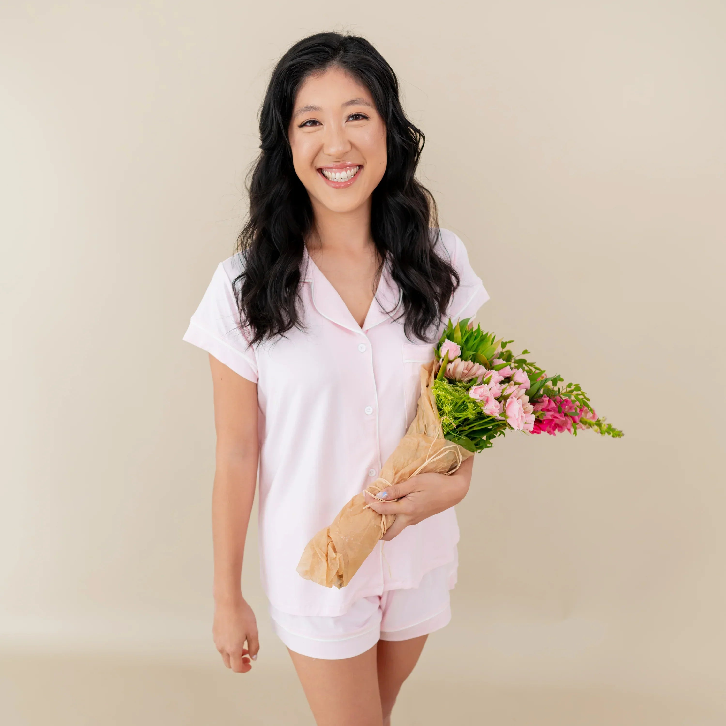 Women’s Short Sleeve Pajama Set in Sakura with Cloud Trim Secondary image