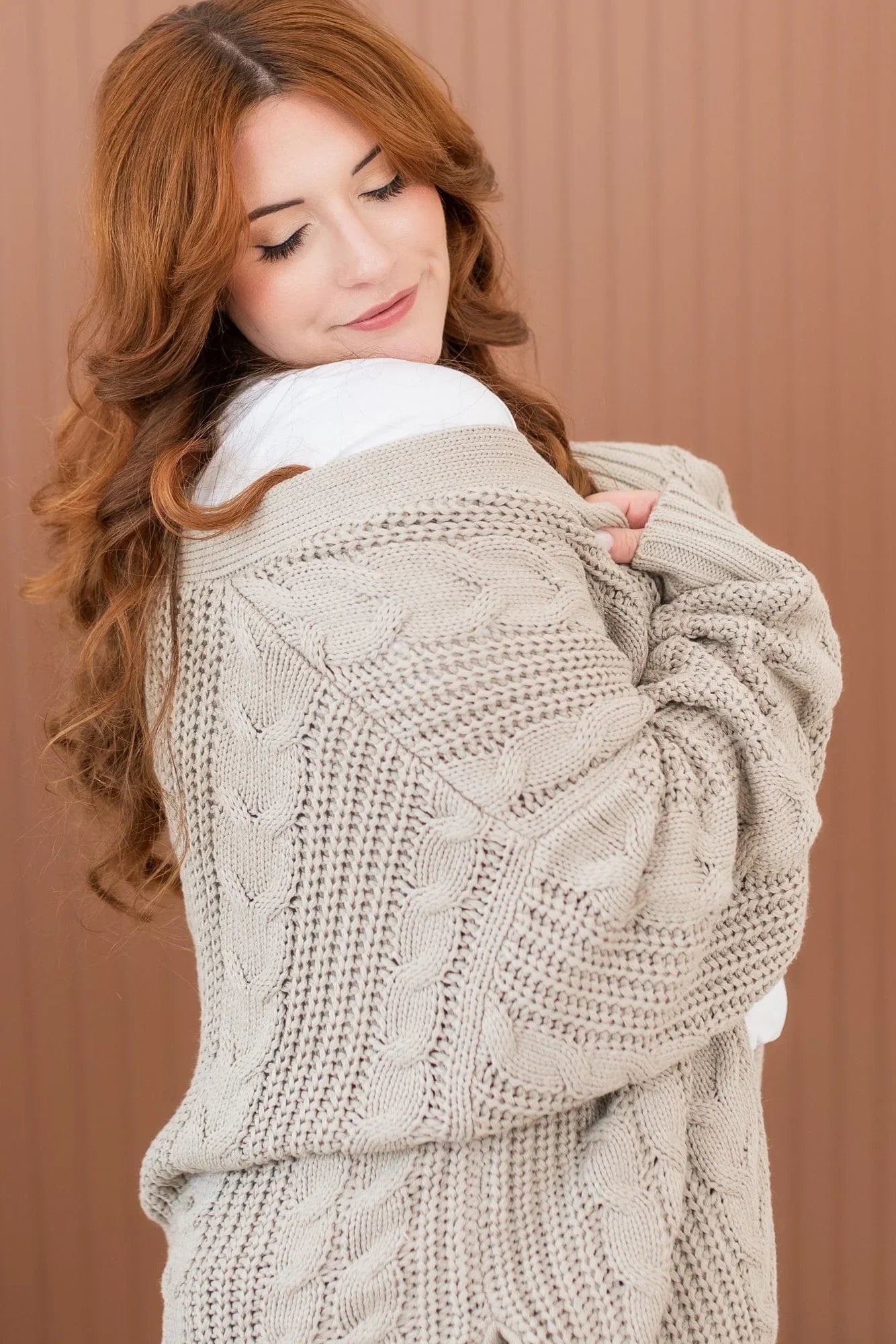 Cable Knit Adult Cardigan in Almond Secondary image