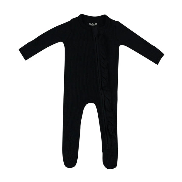 Ribbed Ruffle Zipper Footie in Midnight