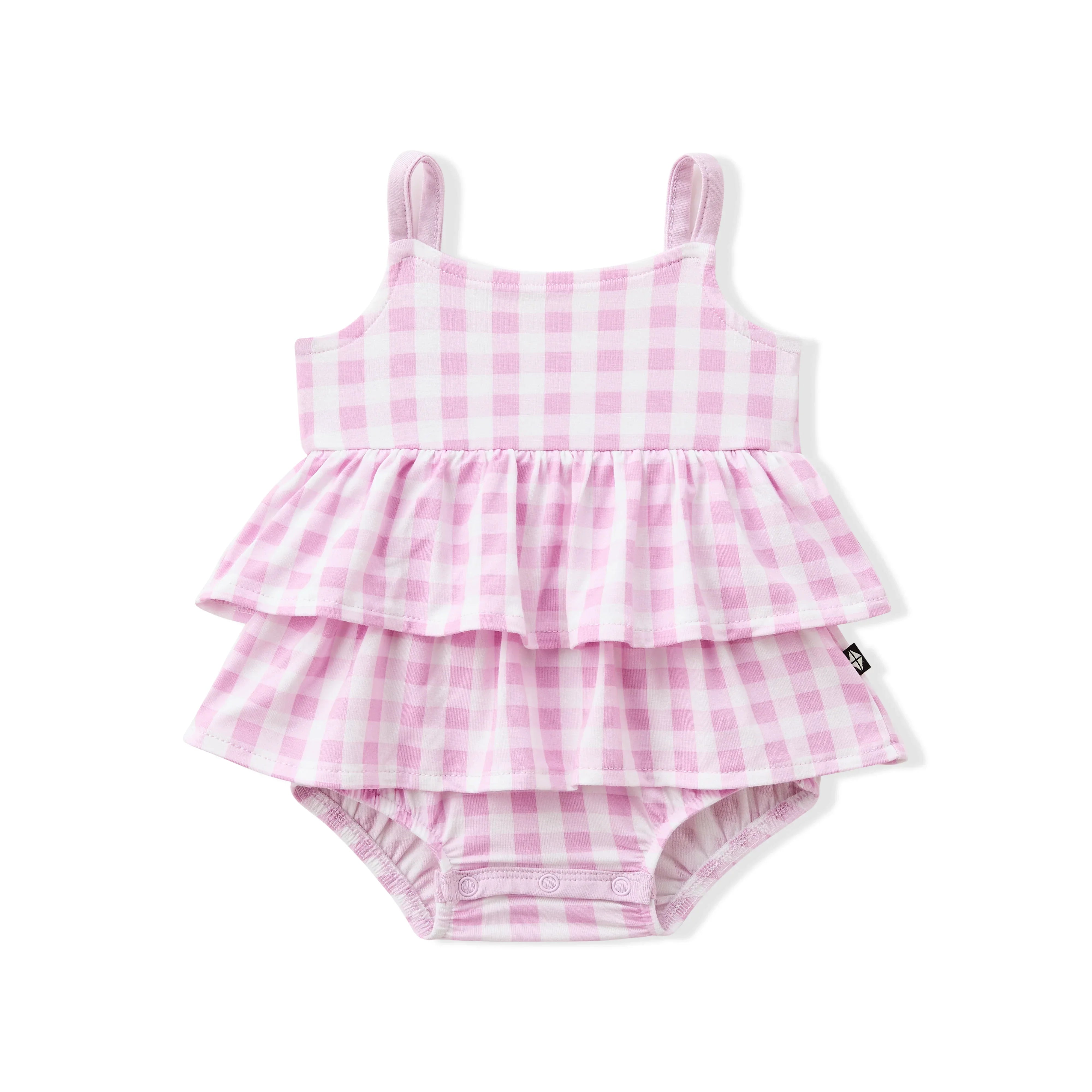 Spaghetti Strap Ruffle Romper in Gingham Thistle Secondary image