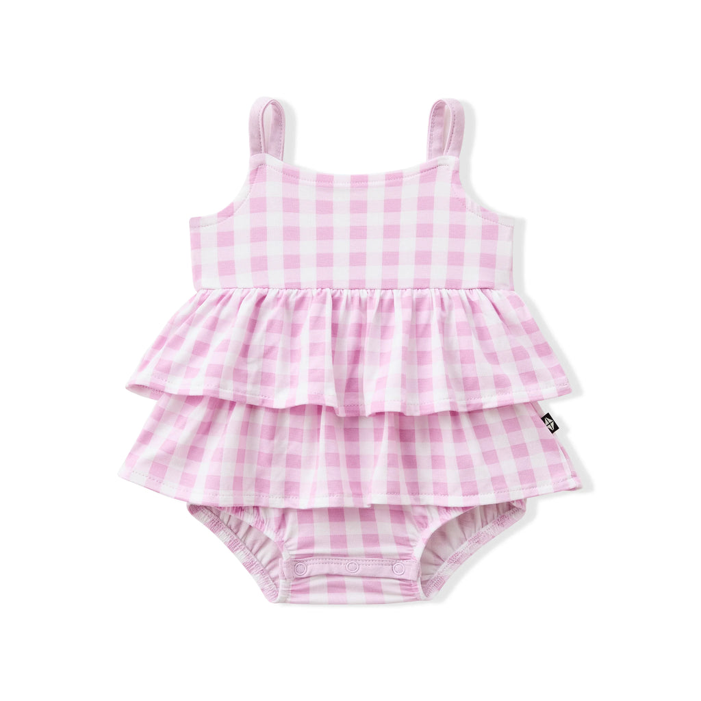 Spaghetti Strap Ruffle Romper in Gingham Thistle