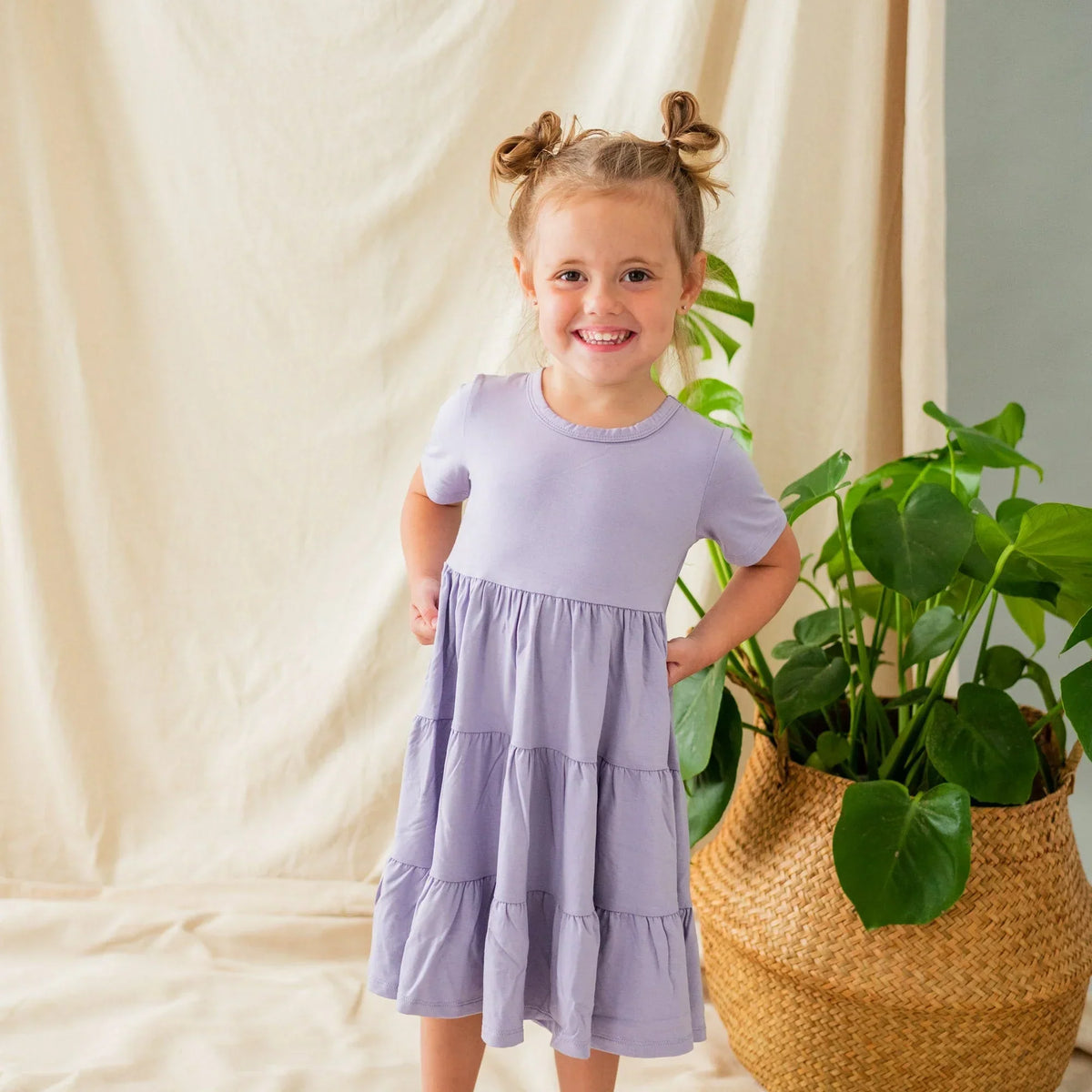 Short Sleeve Tiered Dress in Taro Main image