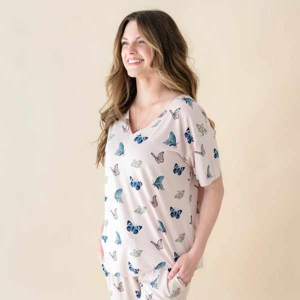 Women's Relaxed Fit V-Neck in Blush Butterfly