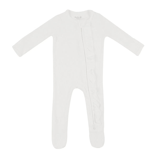 Ribbed Ruffle Zipper Footie in Cloud