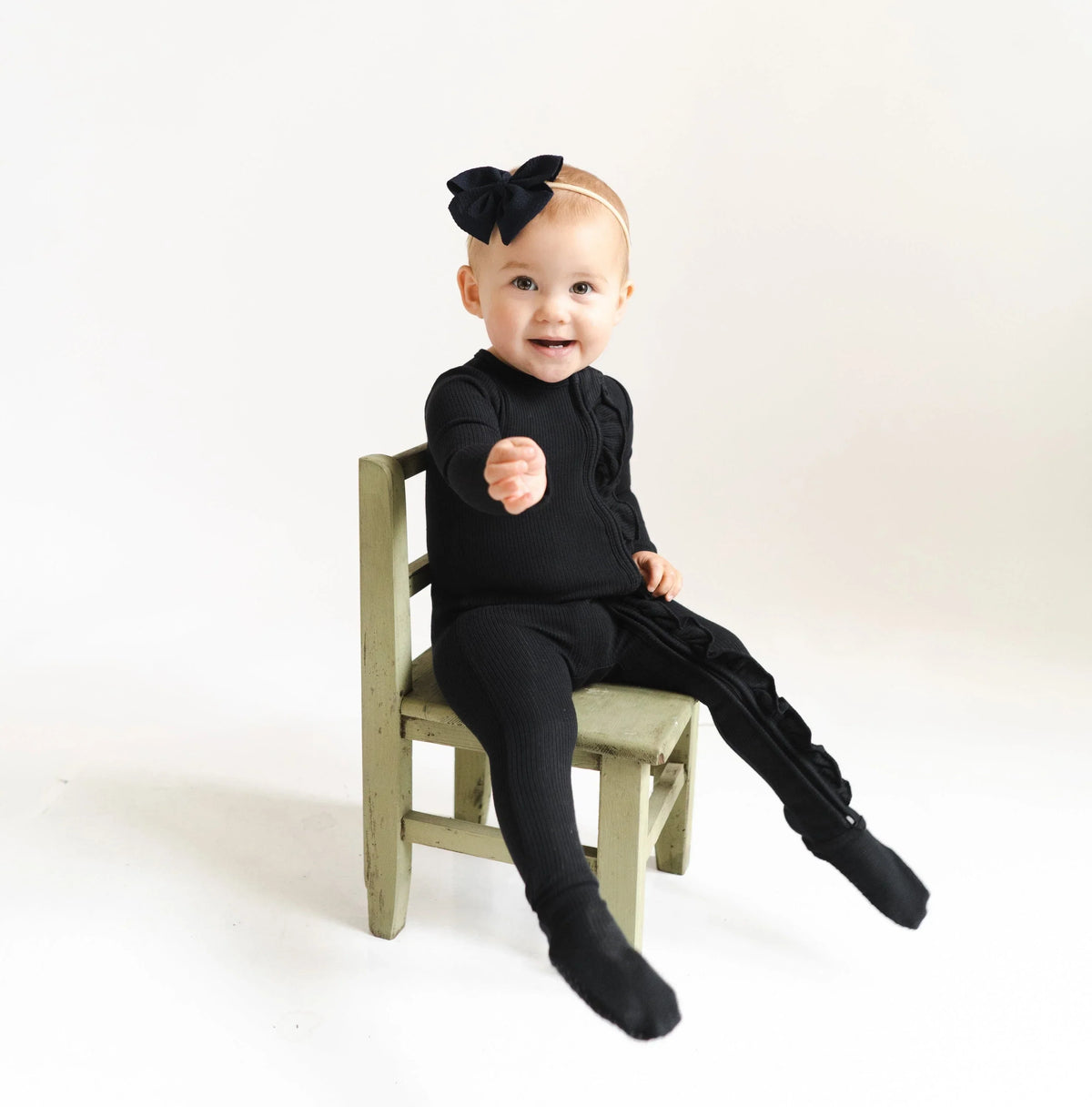 Ribbed Ruffle Zipper Footie in Midnight Main image