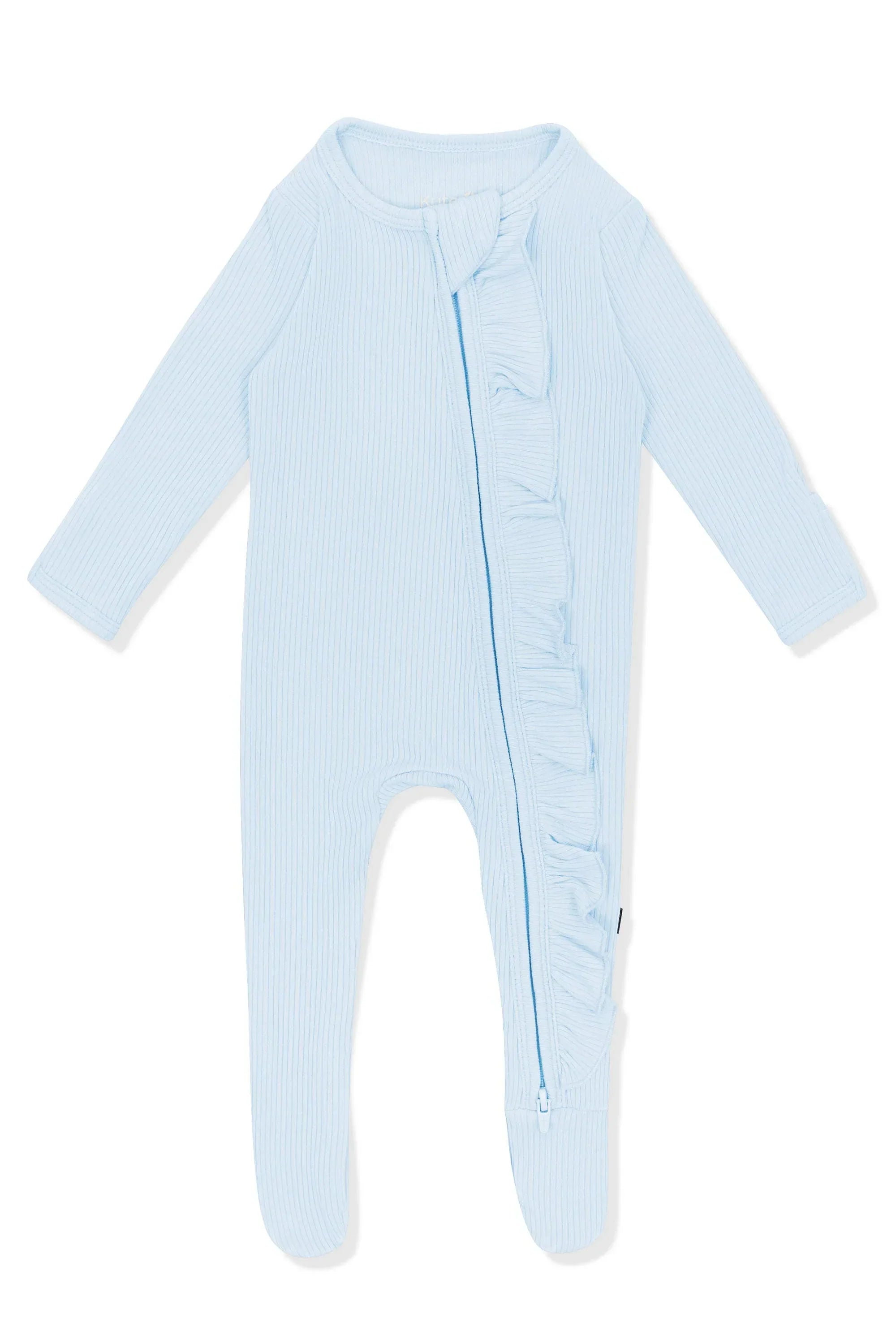 Ribbed Ruffle Zipper Footie in Breeze Secondary image