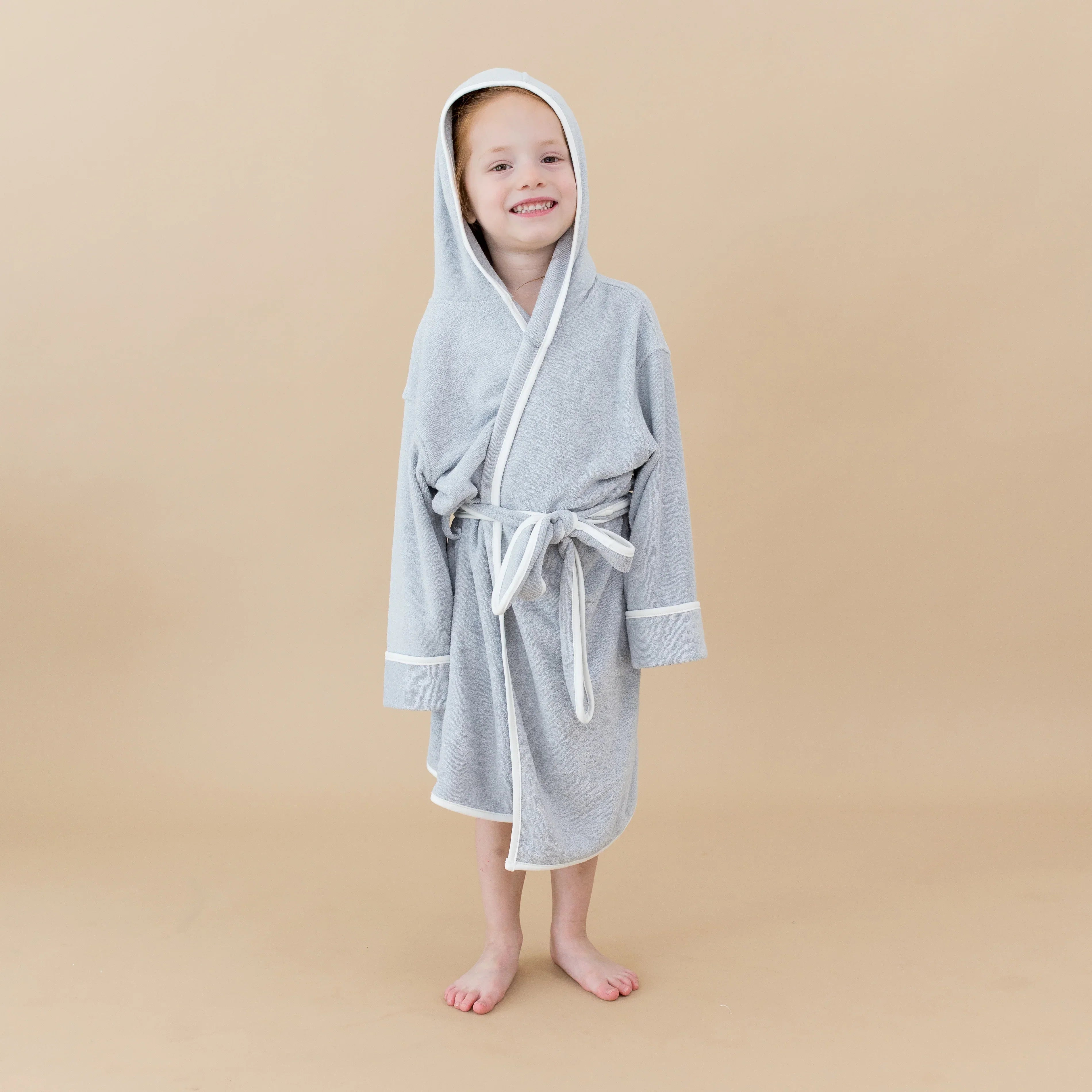 Hooded Bath Robe in Storm with Cloud Trim Secondary image
