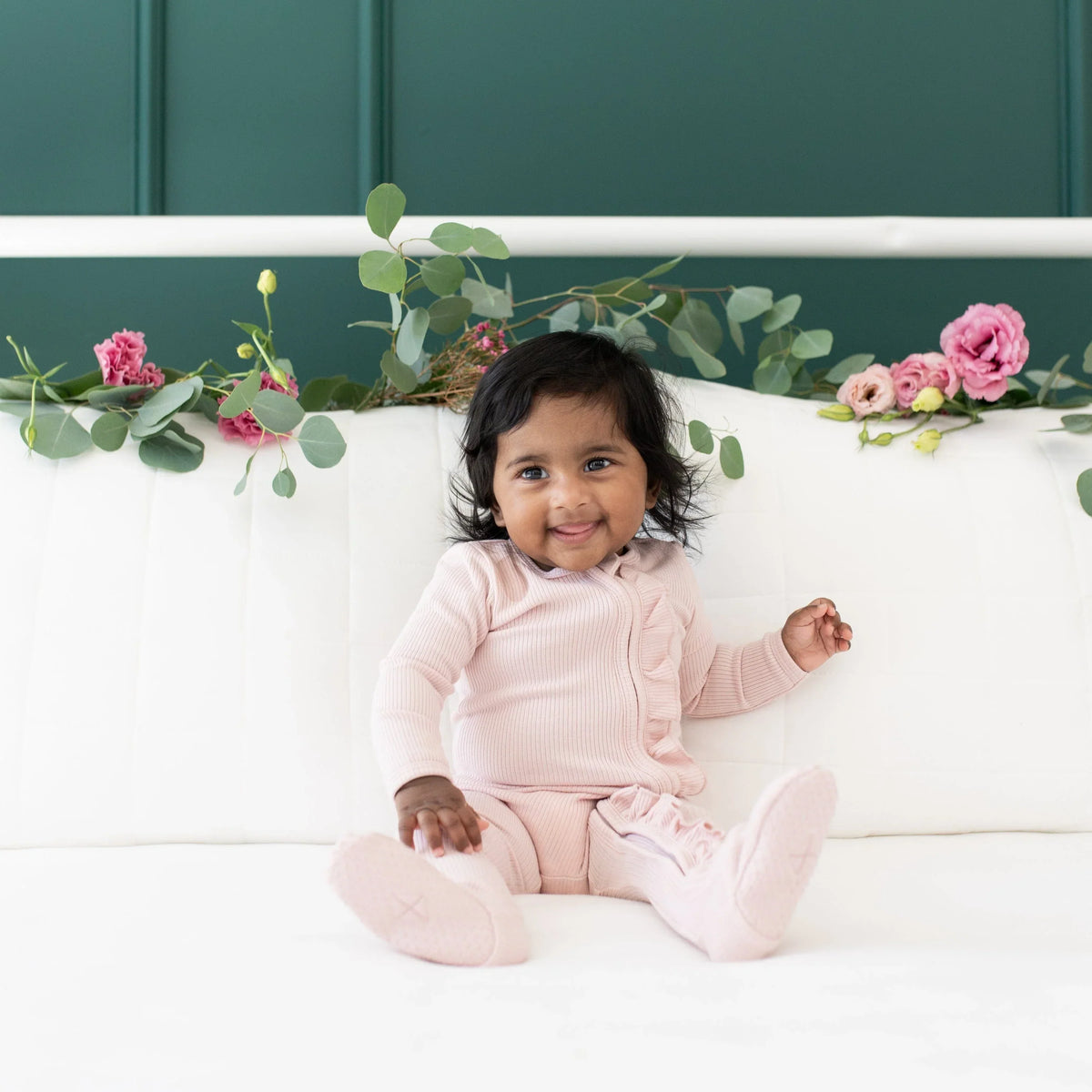 Ribbed Ruffle Zipper Footie in Blush Main image