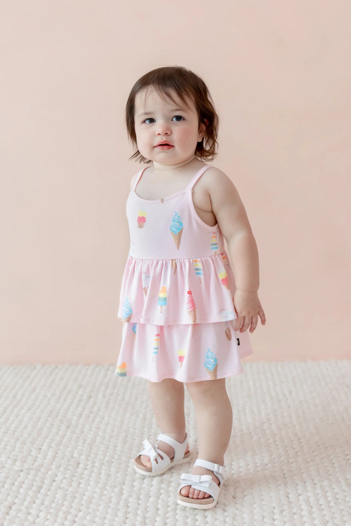 Spaghetti Strap Ruffle Romper in Sakura Ice Cream Main image