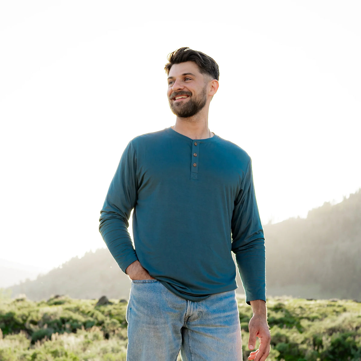 Men's Long Sleeve Henley Top in Atlantic Main image