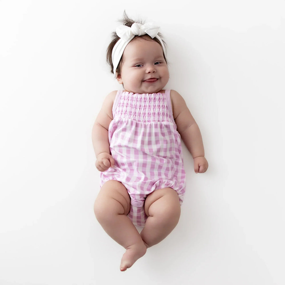 Smocked Bubble Romper in Gingham Thistle Main image