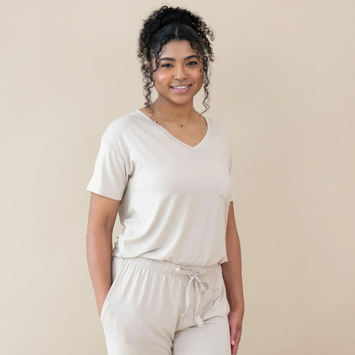 Women’s Relaxed Fit V-Neck in Oat Main image