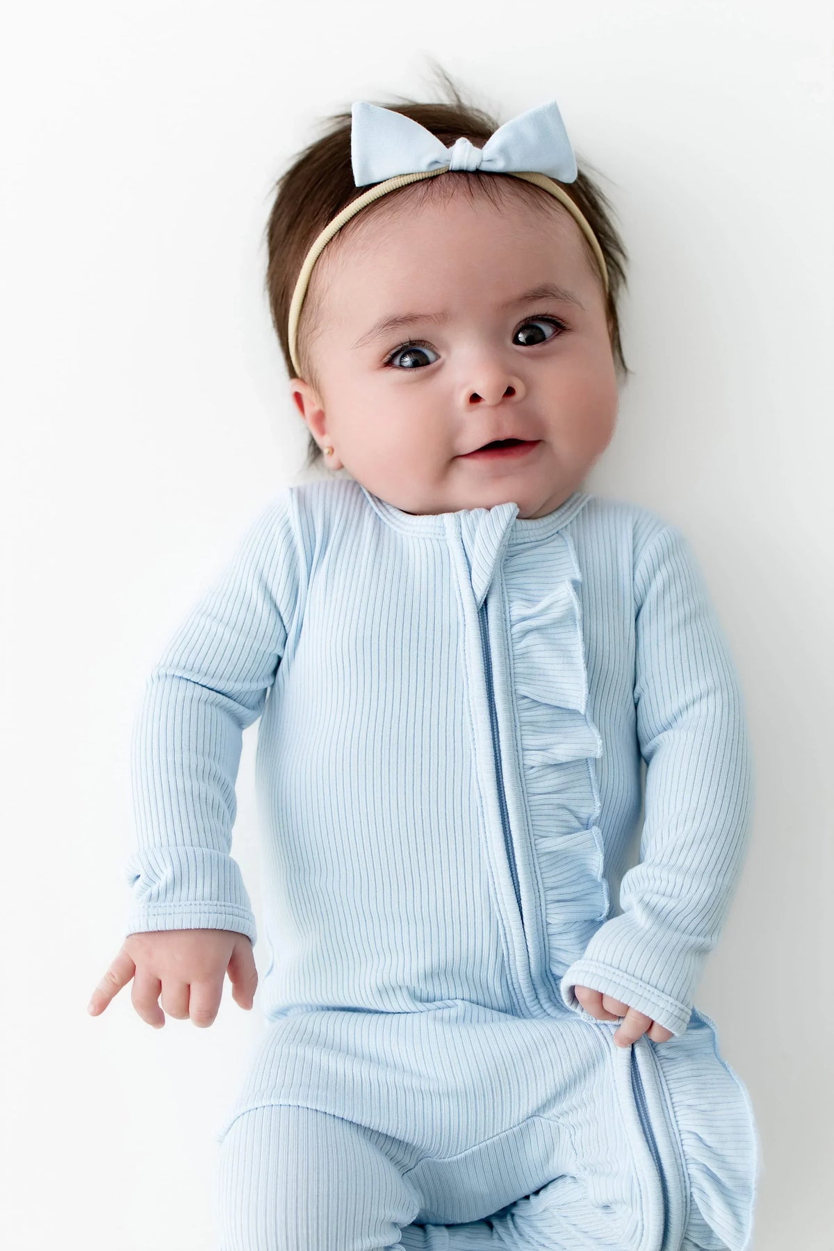Ribbed Ruffle Zipper Footie in Breeze Main image