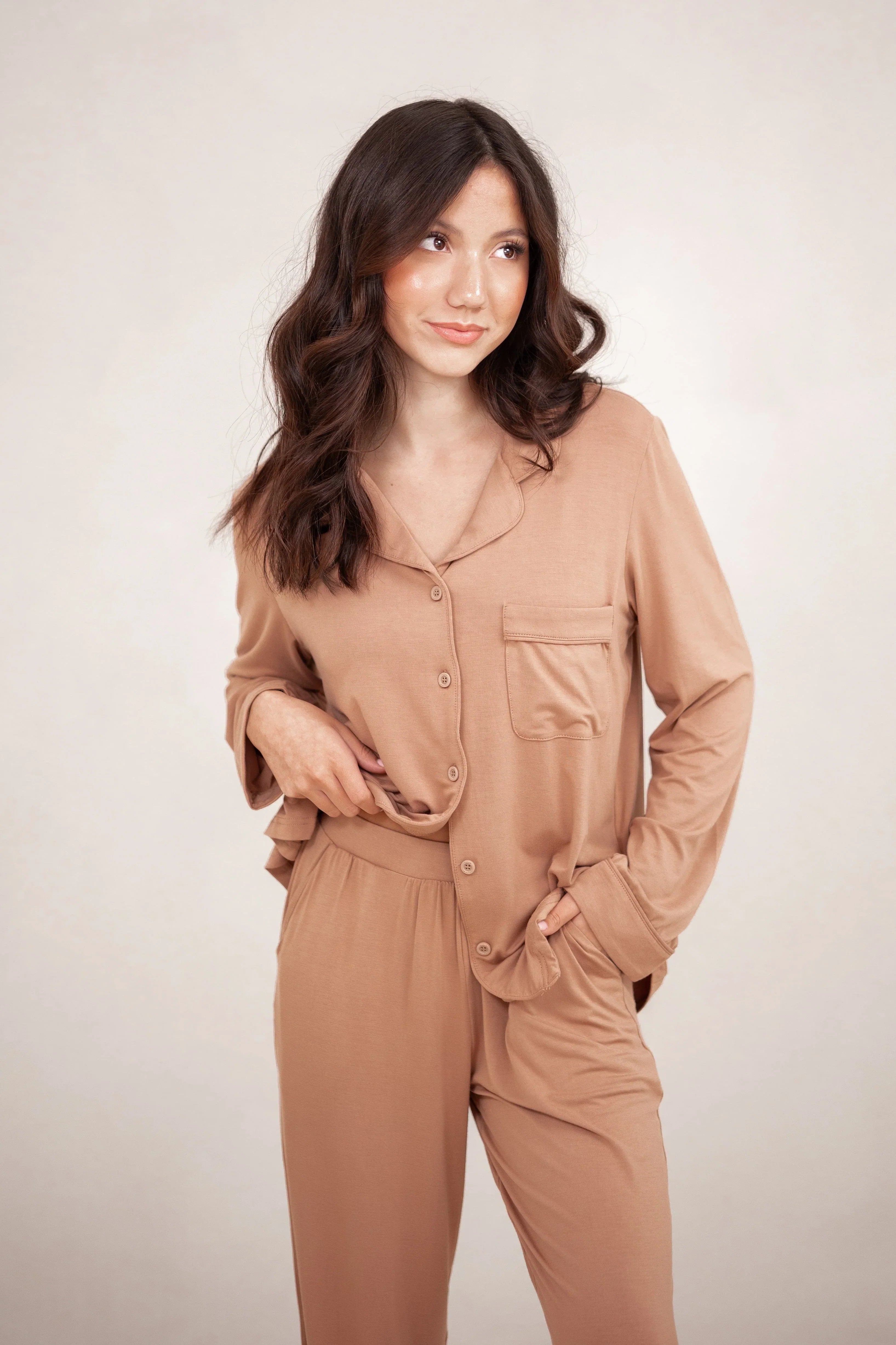 Long-Sleeved Women's Pajama Set in Latte with Latte Trim Secondary image