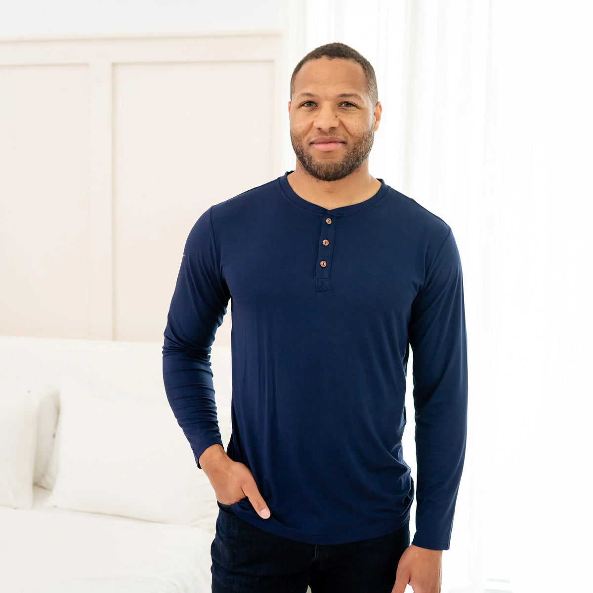Men's Long Sleeve Henley Top in Navy Main image