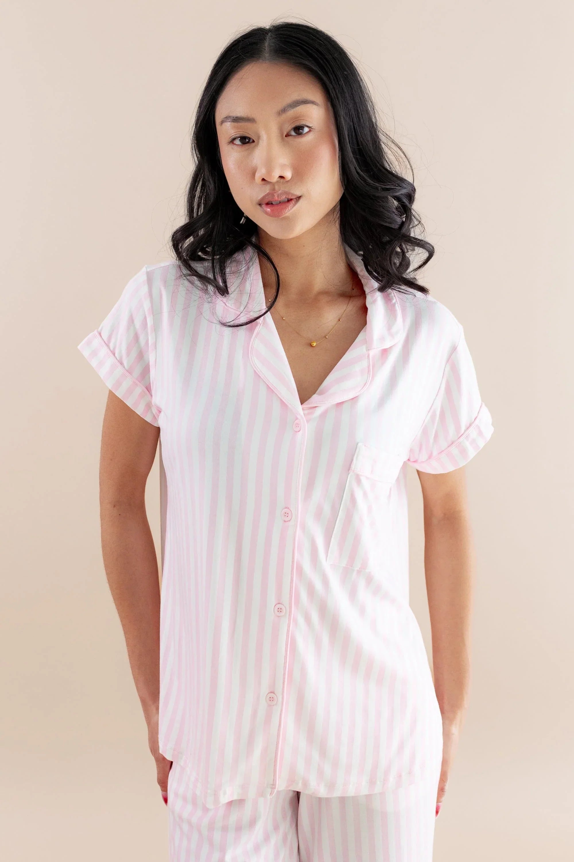 Women's Short Sleeve Cropped Pajama Set in Small Sakura Stripe Secondary image
