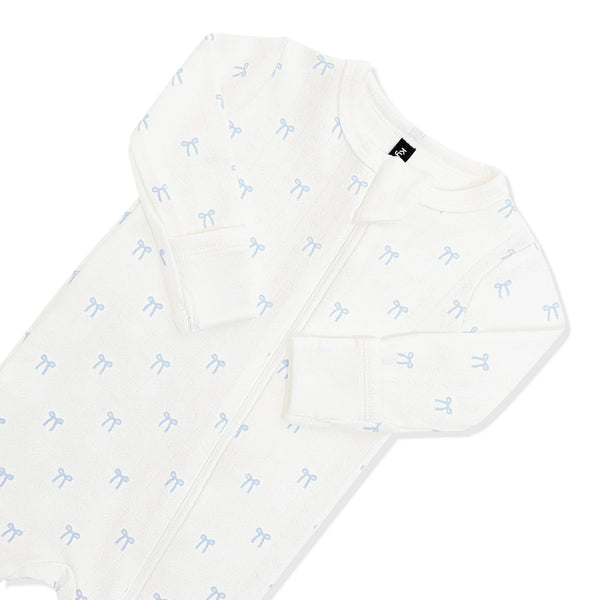 Pointelle Zippered Footie in Sweet Blue Bow