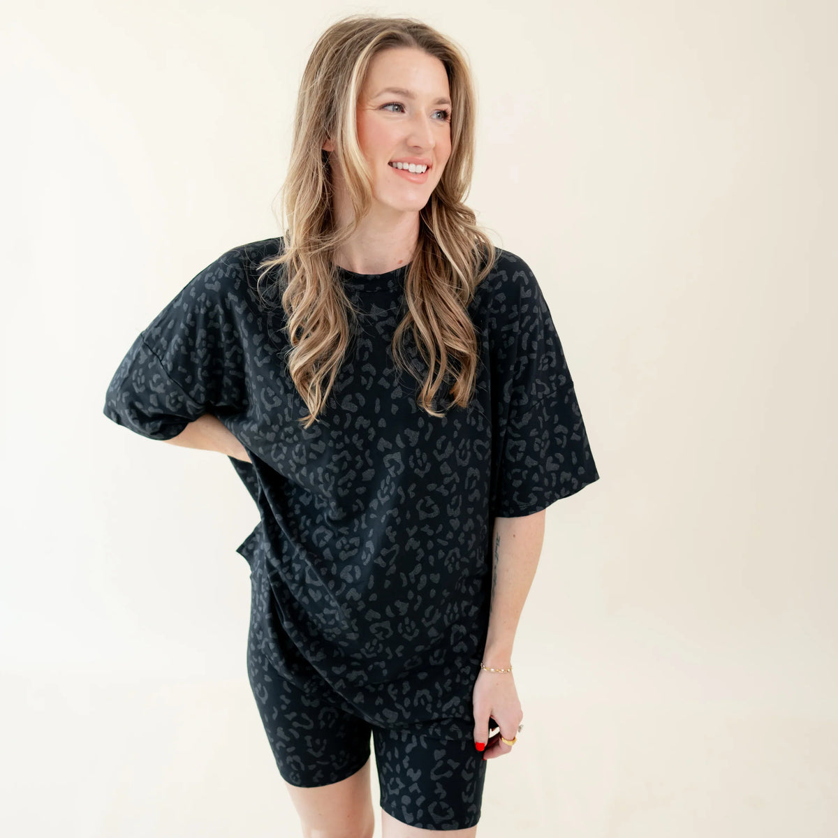 Women’s Biker Short Set in Midnight Leopard Main image