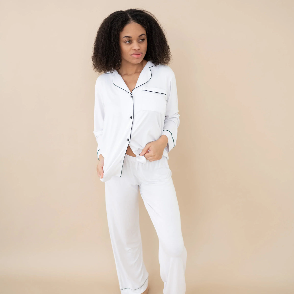 Women's Long Sleeve Pajama Set in Snow with Midnight Trim Main image