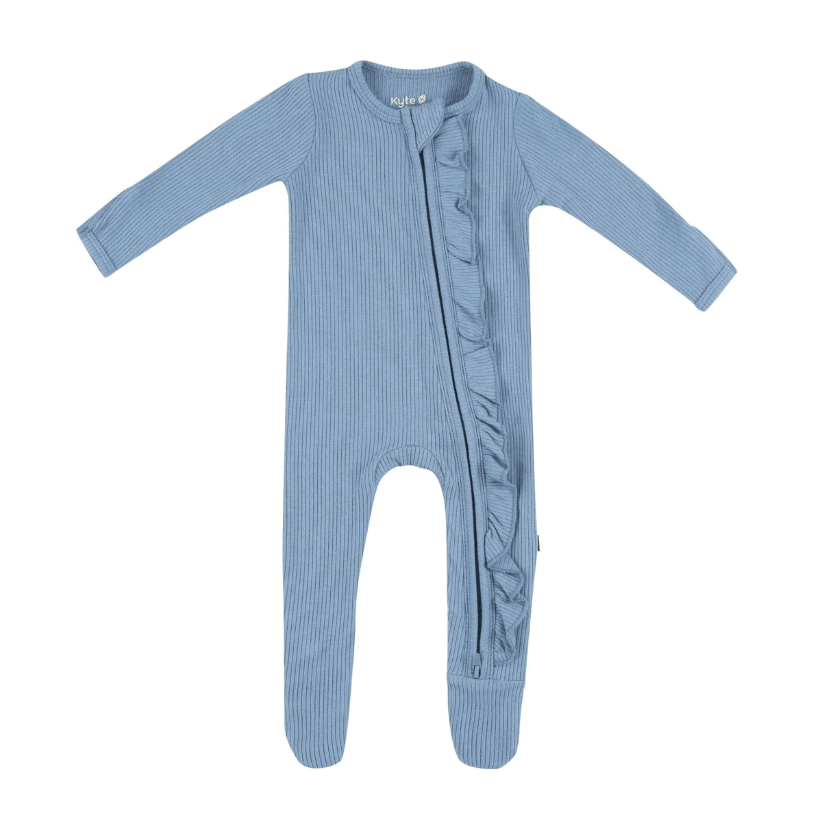 Ribbed Ruffle Zipper Footie in Slate Main image
