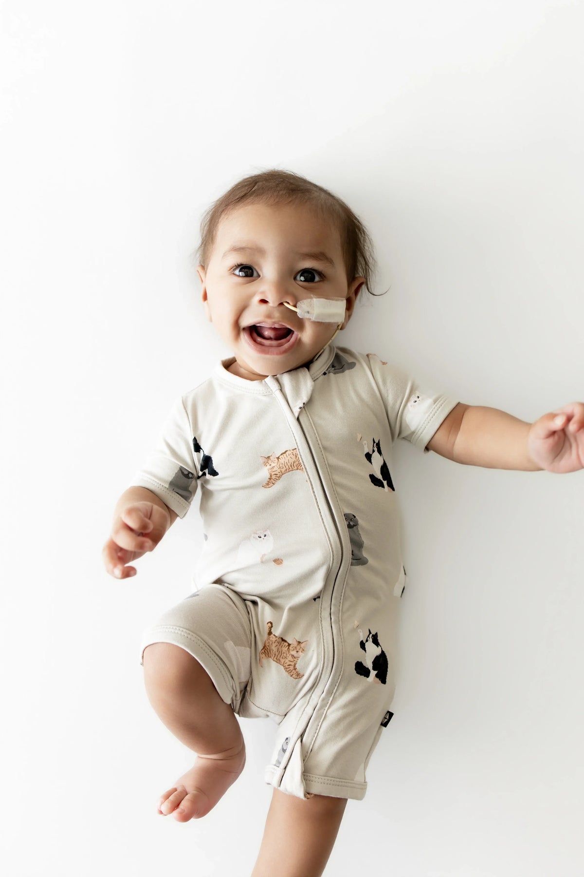 Zipper Shortall Romper in Fluffy Cat Main image